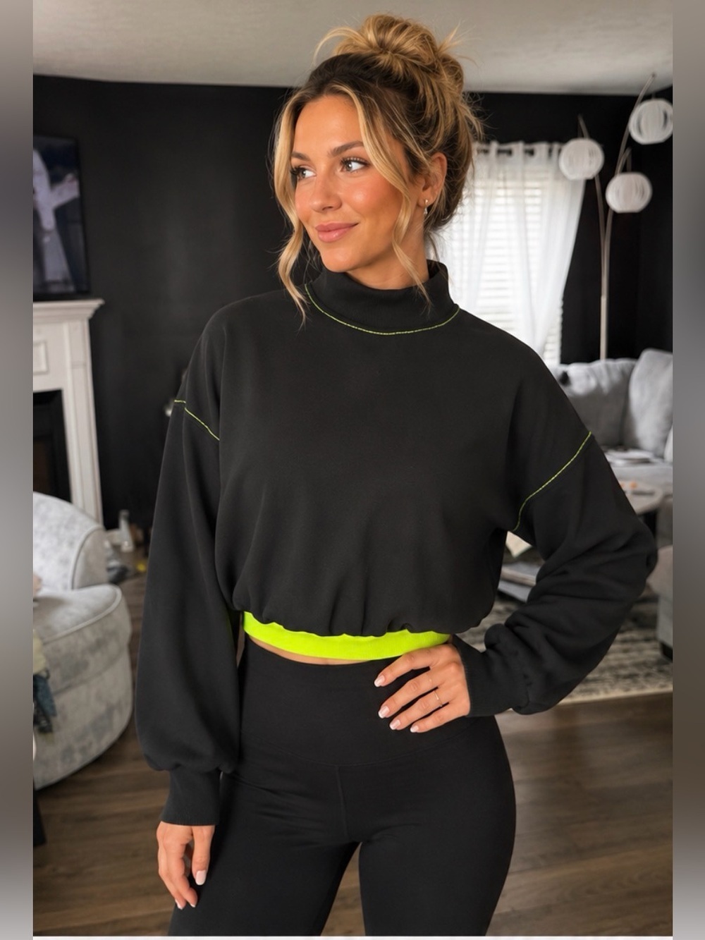 Zara Black Cropped Mock Neck Sweatshirt with Neon Contrast Trim | Size Small